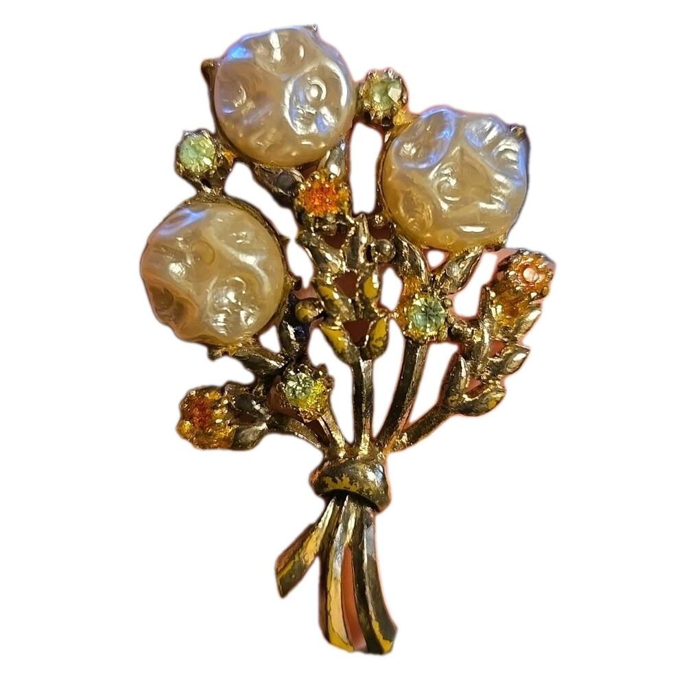 Vintage Coro Floral Flower Bouquet Rhinestone Faux Textured Pearl Brooch Pin
